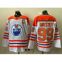 Men Edmonton Oilers Wayne Gretzky 99 White Orange 2020 21 Reverse Retro Adidas Jersey