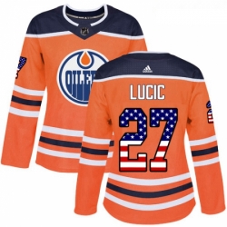 Womens Adidas Edmonton Oilers 27 Milan Lucic Authentic Orange USA Flag Fashion NHL Jersey 