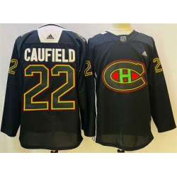 Men Montreal Canadiens 22 Cole Caufield 2022 Black Warm Up History Night Stitched Jersey