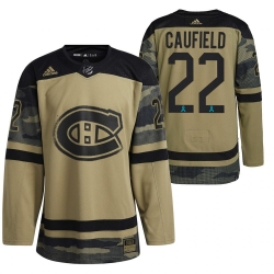 Men Montreal Canadiens 22 Cole Caufield Olive Salute To Service Stitched Jersey