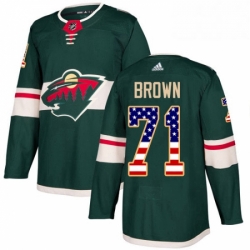 Mens Adidas Minnesota Wild 71 J T Brown Authentic Green USA Flag Fashion NHL Jerse