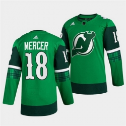 Men New jerseyy Devils 18 Dawson Mercer Green Warm Up St Patricks Day Stitched jersey