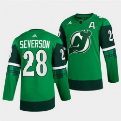 Men New jerseyy Devils 28 Damon Severson Green Warm Up St Patricks Day Stitched jersey