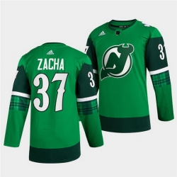 Men New jerseyy Devils 37 Pavel Zacha Green Warm Up St Patricks Day Stitched jersey