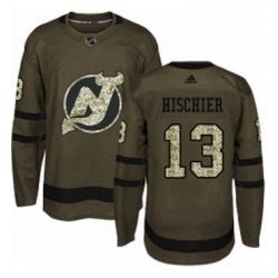 Mens Adidas New Jersey Devils 13 Nico Hischier Authentic Green Salute to Service NHL Jersey 