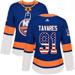 Womens Adidas New York Islanders 91 John Tavares Authentic Royal Blue USA Flag Fashion NHL Jersey 