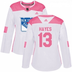 Womens Adidas New York Rangers 13 Kevin Hayes Authentic WhitePink Fashion NHL Jersey 