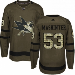 Mens Adidas San Jose Sharks 53 Brandon Mashinter Premier Green Salute to Service NHL Jersey 