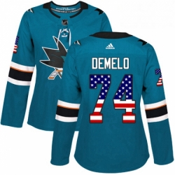 Womens Adidas San Jose Sharks 74 Dylan DeMelo Authentic Teal Green USA Flag Fashion NHL Jersey 