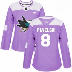 Womens Adidas San Jose Sharks 8 Joe Pavelski Authentic Purple Fights Cancer Practice NHL Jersey 