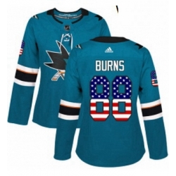 Womens Adidas San Jose Sharks 88 Brent Burns Authentic Teal Green USA Flag Fashion NHL Jersey 