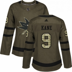 Womens Adidas San Jose Sharks 9 Evander Kane Authentic Green Salute to Service NHL Jersey 