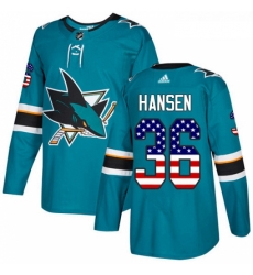 Youth Adidas San Jose Sharks 36 Jannik Hansen Authentic Teal Green USA Flag Fashion NHL Jersey 