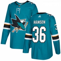 Youth Adidas San Jose Sharks 36 Jannik Hansen Premier Teal Green Home NHL Jersey 