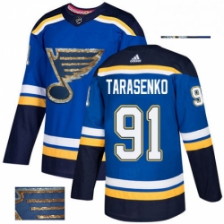 Mens Adidas St Louis Blues 91 Vladimir Tarasenko Authentic Royal Blue Fashion Gold NHL Jersey 