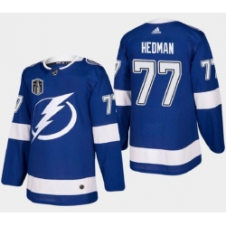 Men Tampa Bay Lightning 77 Victor Hedman 2022 Blue Stanley Cup Final Patch Stitched Jersey