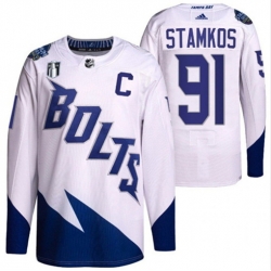Men Tampa Bay Lightning 91 Steven Stamkos 2022 White Stanley Cup Final Patch Stitched Jersey
