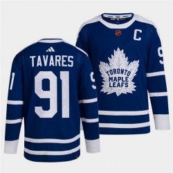Men Toronto Maple Leafs Black 91 John Tavares Blue 2022 Reverse Retro Stitched Jersey