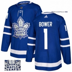 Mens Adidas Toronto Maple Leafs 1 Johnny Bower Authentic Royal Blue Fashion Gold NHL Jersey 