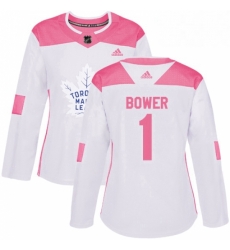 Womens Adidas Toronto Maple Leafs 1 Johnny Bower Authentic WhitePink Fashion NHL Jersey 
