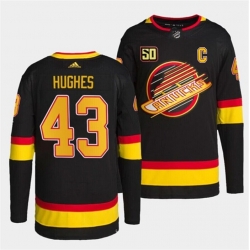Men Vancouver Canucks 43 Quinn Hughes Black Retro With 50th Anniversary Patch Stitched Jersey