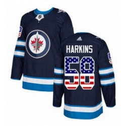 Mens Adidas Winnipeg Jets 58 Jansen Harkins Authentic Navy Blue USA Flag Fashion NHL Jersey 