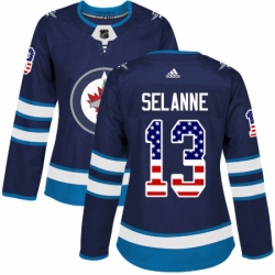 Womens Adidas Winnipeg Jets 13 Teemu Selanne Authentic Navy Blue USA Flag Fashion NHL Jersey 