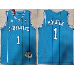 Men Charlotte Hornets 1 Muggsy Bogues Blue Mitchell  26 Ness Throwback Stitched Jersey