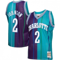 Men Charlotte Hornets 2 Larry Johnson Teal Purple Split 1992 93 Mitchell  26 Ness Swingman Stitched Jersey