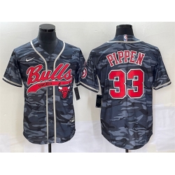 Men Chicago Bulls 33 Scottie Pippen Gray Camo Cool Base Stitched Baseball Jersey