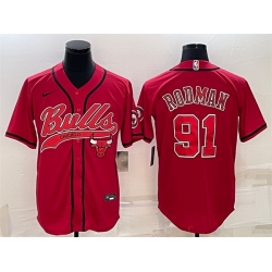 Men Chicago Bulls 91 Dennis Rodman Red With Patch Cool Base Stitched Baseball Jersey