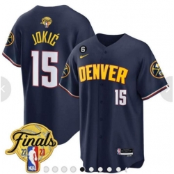Men Denver Nuggets 15 Nikola Jokic Blue 2023 Finals Collection With NO 6 Patch Stitched Baseball Jersey