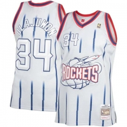 Men Houston Rockets 34 Hakeem Olajuwon Mitchell  26 Ness White Classic Stitched Basketball Jersey