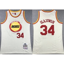 Men Houston Rockets 34 Hakeem Olajuwon White Mitchell Ness Hardwood Classics Swingman Stitched Basketball Jersey