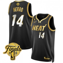 Men Miami Heat 14 Tyler Herro Black Gold Edition 2023 Finals Collection With NO 6 Patch Stitched Basketball Jersey