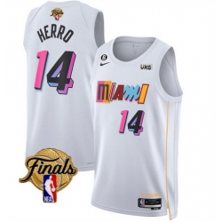 Men Miami Heat 14 Tyler Herro White 2023 Finals City Edition With NO 6 Patch Stitched Basketball Jersey