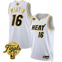 Men Miami Heat 16 Caleb Martin White Gold Edition 2023 Finals Collection With NO 6 Patch Stitched Basketball Jersey