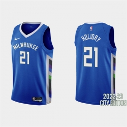 Men Milwaukee Bucks 21 Jrue Holiday 2022 23 Blue City Edition Stitched Basketball Jersey