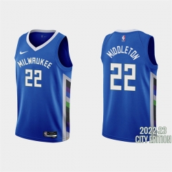 Men Milwaukee Bucks 22 Khris Middleton 2022 23 Blue City Edition Stitched Basketball Jersey