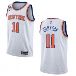 Men New Yok Knicks 11 Jalen Brunson White With NO 6 Patch Stitched Basketball Jersey