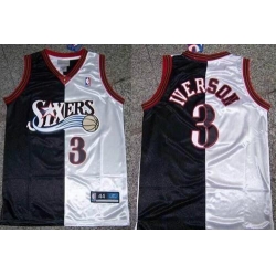 Men 76ers #3 Allen Iverson Black White Split Fashion Stitched NBA Jersey