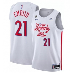 Men Philadelphia 76ers 21 Joel Embiid White 2022 23 City Edition With NO 6 Patch Stitched Basketball Jersey