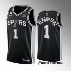 Men San Antonio Spurs 1 Victor Wembanyama Black 2022 23 Icon Edition With NO 6 Patch Stitched Basketball Jersey