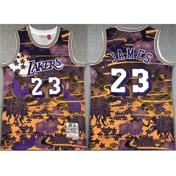 Men Los Angeles Lakers 23 LeBron James Purple Yellow Throwback Basketball Jersey