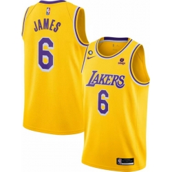 Men Los Angeles Lakers 6 LeBron James Yellow No 6 Patch Stitched Basketball Jersey