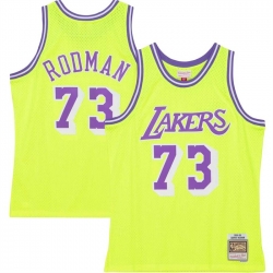 Men Los Angeles Lakers 73 Dennis Rodman Mitchell  26 Ness Neon Yellow Hardwood Classics 1998 99 Tropical Swingman Jersey