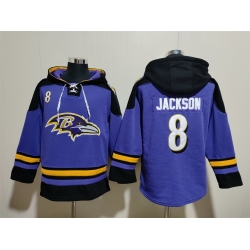 Men Baltimore Ravens 8 Lamar Jackson Ageless Must Have Lace Up Pullover Hoodie
