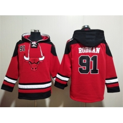 Men Chicago Bulls 91 Dennis Rodman Red Black Ageless Must Have Lace Up Pullover Hoodie