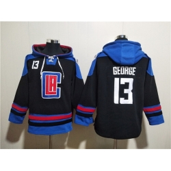 Men Los Angeles Clippers 13 Paul George Black Blue Lace Up Pullover Hoodie