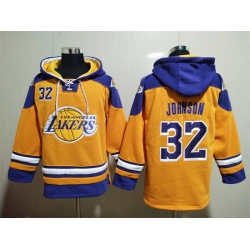 Men's Los Angeles Lakers #32 Magic Johnson Yellow Lace-Up Pullover Hoody